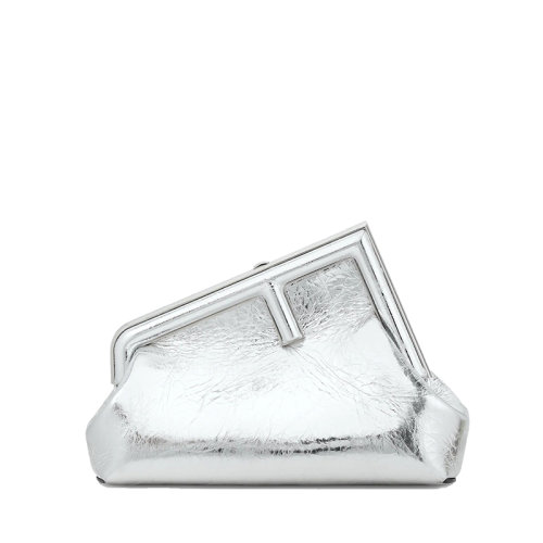 FENDI/芬迪 22春夏新款First系列 女士小号银色层压小羊皮大F搭扣老花衬里梯形单肩包手拿包8BP129AISPF0MK5