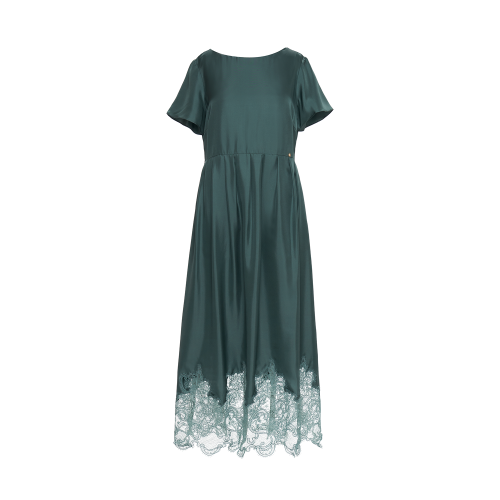 HUI/卉 女士连衣裙20春夏新款绿松色圆领蕾丝拼接收腰连衣裙