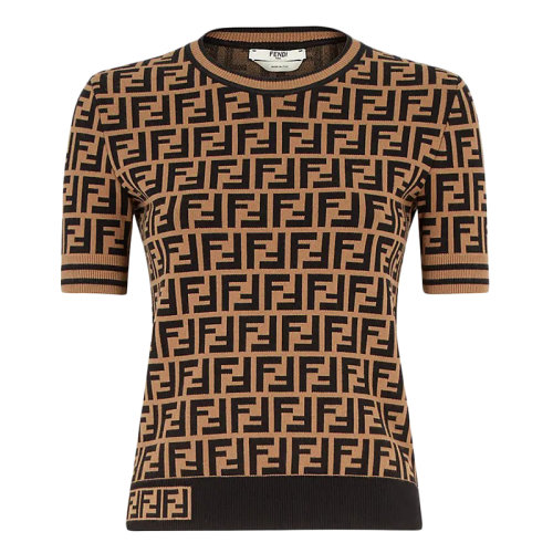FENDI/芬迪 经典款 女士褐色和黑色FF图案面料短袖毛衣FZY702A5QGF118W