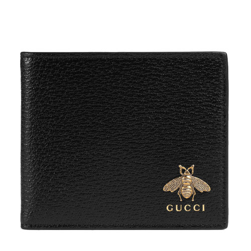GUCCI/古驰 经典款 男士黑色皮革金色小蜜蜂图案带零钱包对折短款钱包522915DJ20T1000