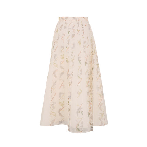 bifu by xingchen/彼伏米色印花拼欧根纱半裙女士半身裙