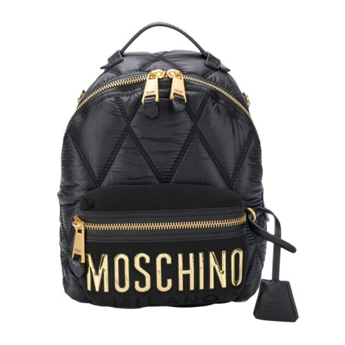 MOSCHINO/莫斯奇诺 女士黑色织物配皮正面字母徽标绗缝拉链开合双肩包手提包背包女包 B7605-8207-1555