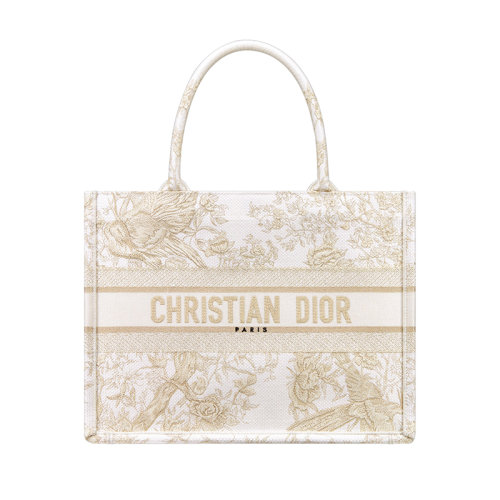 DIOR/迪奥 23新款 女士中号白色/金色帆布金属线刺绣图案字母标志手提肩背托特包M1296ZRZF_M981