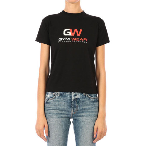 Balenciaga/巴黎世家 彩色logo印花 女士黑色棉质圆领短袖T恤 612964TIVD51000