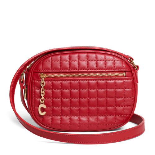 CELINE/赛琳 女士红色小牛皮方格纹绗缝拉链开合椭圆形单肩包斜挎包相机包女包 188363-BFH-27ED