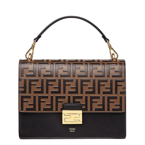 FENDI/芬迪 20  KAN I系列 女士黑色小牛皮棕色压纹FF图案FF扣单肩斜挎手提包8BT315A5TZF13WB