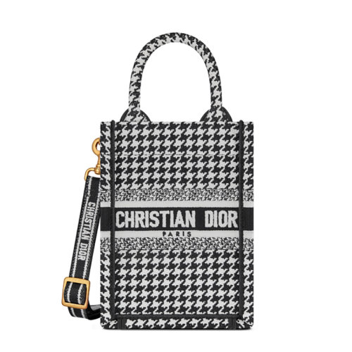 DIOR/迪奥 22新款 女士迷你黑色/白色千鸟格刺绣图案织物金扣配可拆卸肩带单肩斜跨手提电弧包托特包S5555CZAE_M911