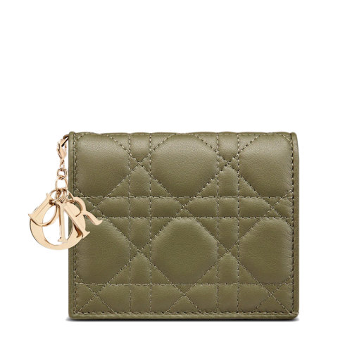 DIOR/迪奥 LADY DIOR系列 女士迷你雪松绿色羊皮革藤格纹短款对折钱包S0178ONMJ_M67H