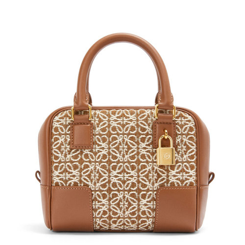 LOEWE/罗意威 22新款Amazona 16系列 女士棕褐色/山核桃色徽标提花帆布配皮饰金锁单肩手提包A039N21X03-2713