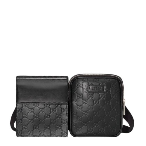GUCCI/古驰 男士Signature软皮黑色GG印花腰包胸包两用包（两包可移动）