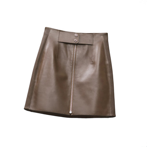 HERMES/爱马仕 22年秋冬新款 女士烟草棕色闪亮小羊皮抽褶细节迷你半身裙H2H1302D4BL34