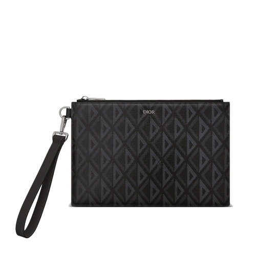 DIOR/迪奥 22春夏新款 男士黑色CD Diamond图案帆布光滑牛皮革A5拉链手拿包2ESCA338DCO_H43E