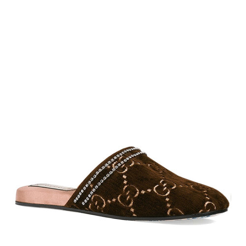 GUCCI/古驰 女士棕色绒面皮双G压花平底圆头拖鞋 512423-9JT70-2090