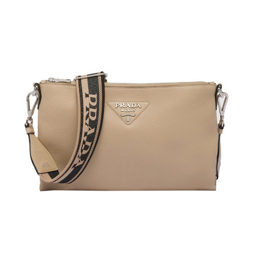 PRADA/普拉达 22新款 女士沙色皮革配徽标印花刺绣拆卸肩带金属配饰拉链开合单肩斜挎包1BH050_2DKV_F02YP_V_3OM