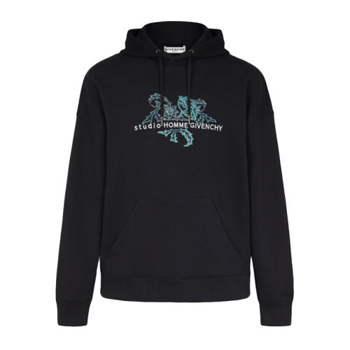 Givenchy/纪梵希 男士黑色棉质经典字母徽标印花花卉刺绣装饰长袖上衣卫衣连帽衫套头衫运动衫 BMJ07N30AF-001