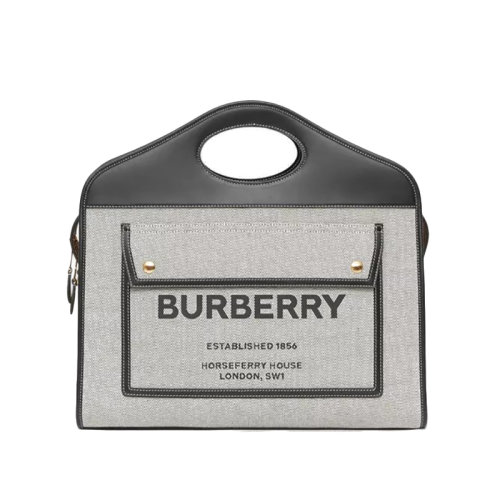 BURBERRY/博柏利 Pocket 中号灰色帆布明缝皮革黑色小牛皮拼色单肩斜挎手提包80367851
