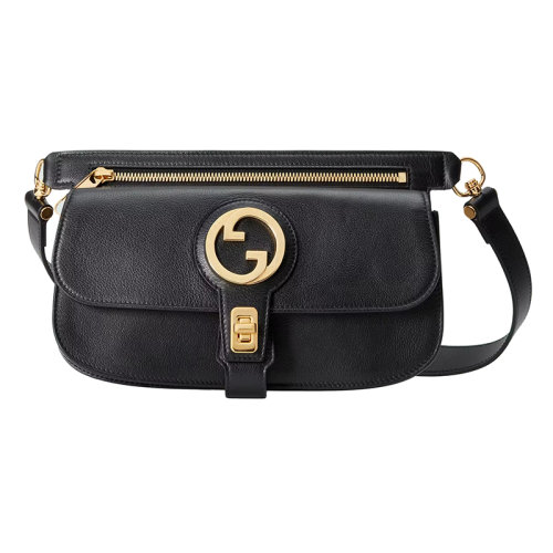 Gucci 古驰 22新款 男士黑色皮革配金色圆形GG搭扣开合斜挎腰包718154UXX0G1000