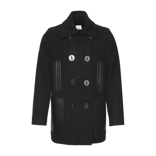 黑色翻领双排扣配皮羊毛大衣 BURBERRY/博柏利 巴宝莉 女装 女士大衣 女士外套瑕疵特卖（陈列痕迹，不影响使用）