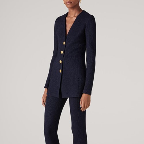 St.John/盛蔷藏青色羊毛金属感长款针织女士夹克外套K6210X1