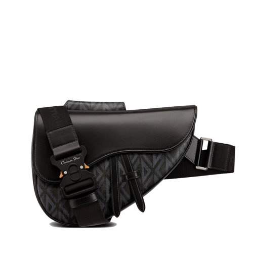DIOR/迪奥 22春夏新款SADDLE系列 男士CD Diamond图案帆布黑色牛皮革翻盖斜挎单肩马鞍包1ADPO093CDP_H43E