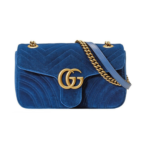 GUCCI/古驰  古琦女包 Marmont系列 经典双G 波浪纹 女士蓝色时尚链条单肩包 443497 K4D2T 4511