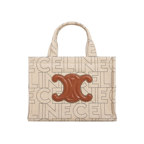 CELINE/赛琳 23春夏新款 女士小号自然色/棕褐色织物配皮通体印花手提包199162ERQ.02NT