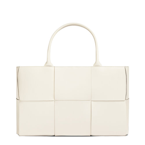 Bottega Veneta/葆蝶家 经典ARCO TOTE系列 女士白色小羊皮编织黑色内衬单肩手提托特包609175VMAY39041