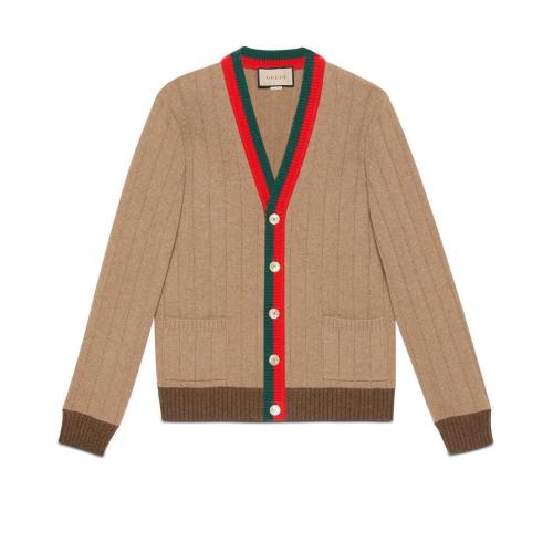  GUCCI古驰 22年秋冬 男士 饰织带罗纹针织驼绒开衫 674347 XKB4A 2668