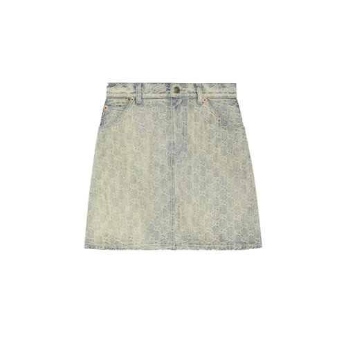 GUCCI/古驰 22秋冬新款 女士浅蓝色纯棉纺织饰白色GG提花牛仔迷你裙678789XDBOK4692