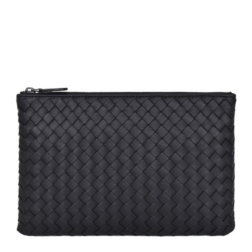 Bottega Veneta/葆蝶家 男女同款中性黑色皮革经典编织款拉链开合钱夹钱包手拿包手包 522250-V001O-1000