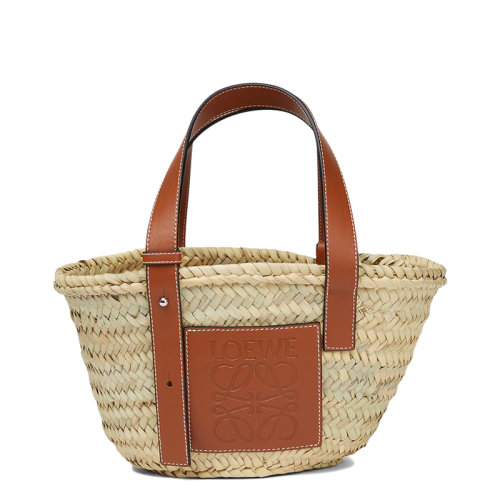 LOEWE/罗意威 Basket系列 小号天然色棕褐色棕榈叶编织配皮手提包提篮0010111490