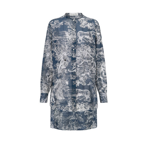 DIOR/迪奥 22年早春新款 女士海军蓝色纯棉薄纱Reverse茹伊印花长款衬衫221B54A3846_X5813