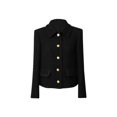 GeleiStory/GeleiStory    秋冬新款小香风外套气质时髦显瘦小香羊毛花呢金扣黑色短款西装翻领外套  女装＞女士外套＞女士夹克