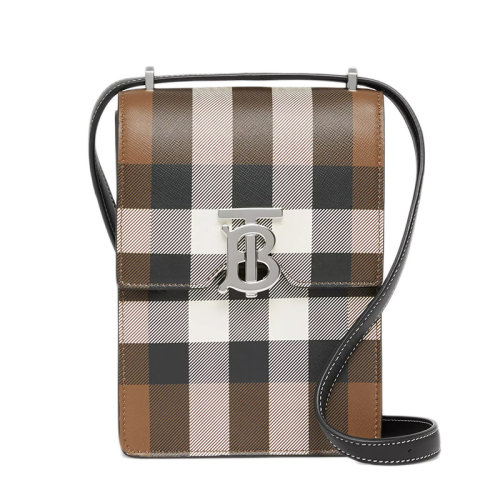 BURBERRY/博柏利 Robin系列 男女通用深桦木棕格纹印花皮革洛宾单肩斜挎手机包