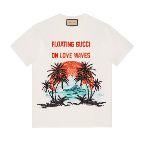 GUCCI/古驰 22年春夏新款 女士白色纯棉亮片刺绣日落印花短袖T恤615044XJEDN9088