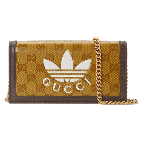 GUCCI/古驰 2022年新款 阿迪达斯联名款 女士米色/棕色水晶帆布皮革饰面三叶草印花滚边按扣开合链带钱包单肩斜挎包