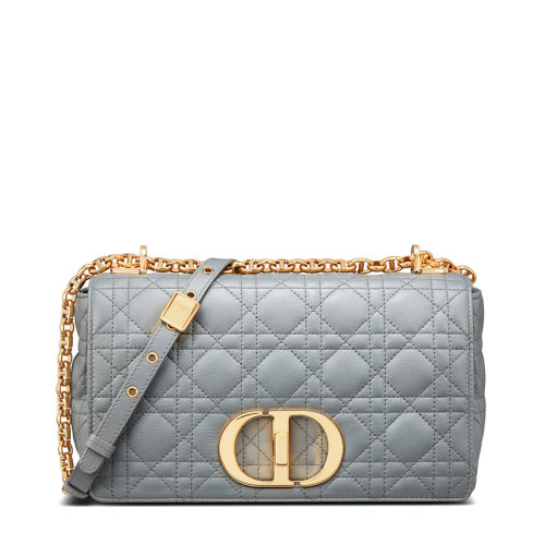 DIOR/迪奥 20  CARO系列 女士中号灰色柔软小牛皮藤格纹CD扭纹扣翻盖封口单肩斜挎包M9242UWHC_M41G