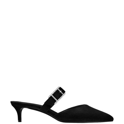 HERMES/爱马仕 22年秋冬新款 Blink系列 女士黑色山羊绒面革饰水钻Hapi搭扣中跟穆勒鞋凉拖H202007Z02370