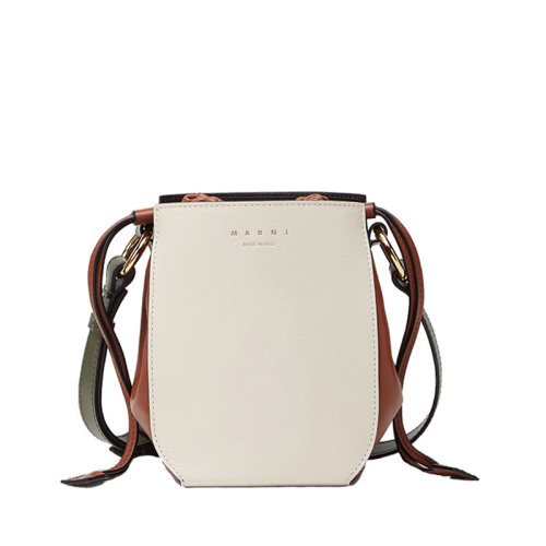 MARNI/玛尼 20 GUSSET系列 白棕绿拼色小牛皮抽绳水桶斜挎单肩包SBMP0030Q1P2739Z2G47