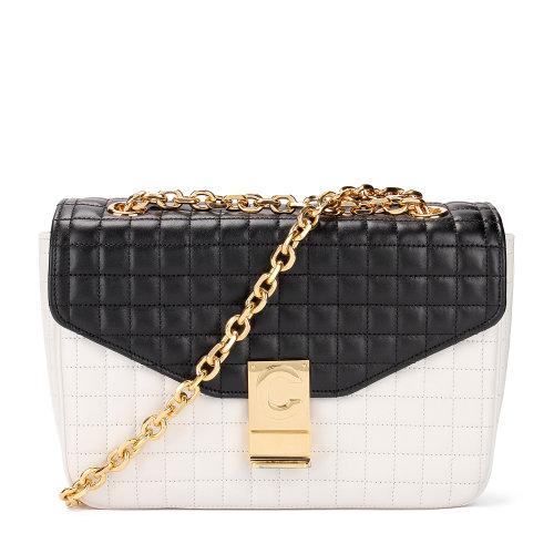 CELINE/赛琳女士链条logo金属牌按扣单肩斜挎ins风背包黑色系皮革187253BFD防尘随机女包