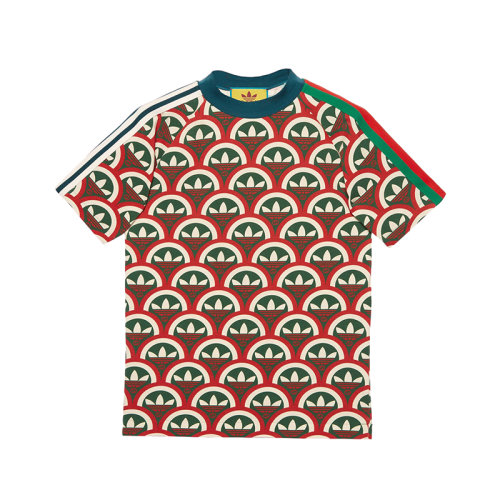GUCCI/古驰 22年秋冬新款 adidas联名系列 男士红色/绿色棉质混纺面料老花图案短袖T恤692114XJEMK6208