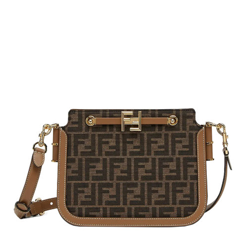 FENDI/芬迪 FENDI TOUCH系列 女士棕色老花帆布FF金属搭扣米色皮革细节配可拆卸肩带斜跨单肩风琴包8BT349AGY6F1FSM