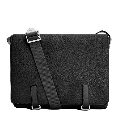 LOEWE/罗意威 22春夏新款 男士黑色柔软粒面牛皮革Anagram压纹翻盖可单肩斜挎邮差包 0010473700