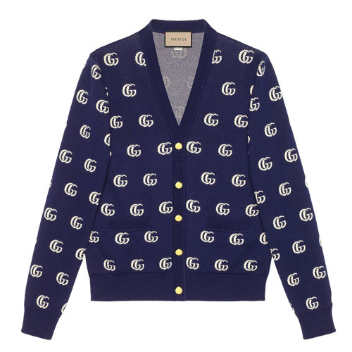 GUCCI/古驰 男士深蓝色和米白色GG提花棉针织开衫660285XKBVB4594