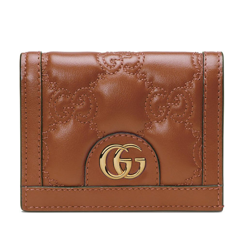 GUCCI/古驰 22新款Matelassé系列 女士浅棕色老花绗缝皮革金扣双折拉链开合钱包卡包723786UM8IG2546