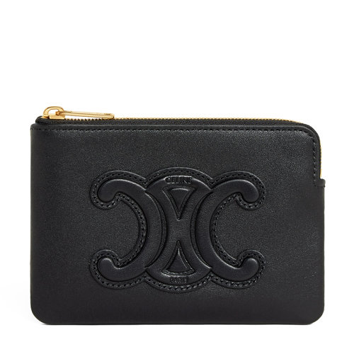 CELINE/赛琳 22新款TRIOMPHE系列 女士黑色小牛皮饰黑色凯旋徽标补丁贴花金扣拉链开合零钱包10C663DR8.38NO