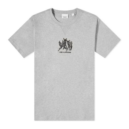 Burberry/博柏利 男士浅麻灰色棉质小鹿刺绣图案装饰宽松版型圆领短袖上衣T恤 8044133