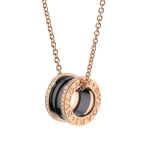 BVLGARI/宝格丽 B.ZERO1系列 18K金玫瑰金搭配黑色陶瓷螺旋形边缘镶钻项链 350056