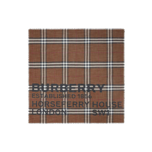 BURBERRY/博柏利 22年秋冬新款 Horseferry系列 男女同款深桦木棕色丝毛混纺印花格纹大号方巾80573851
