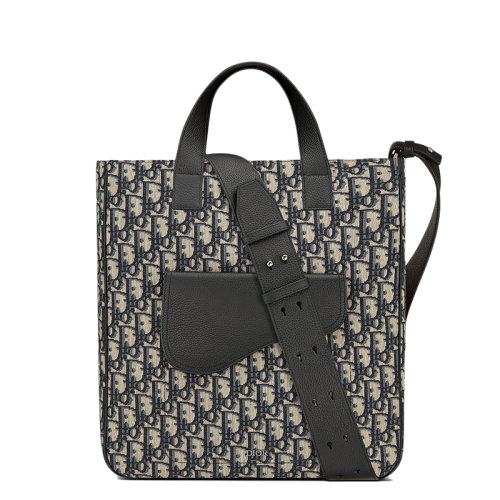 DIOR/迪奥 CABAS SADDLE系列 男士米色黑色Oblique提花老花帆布配皮鞍形单肩斜挎手提包1ADSH175YKS_H05E